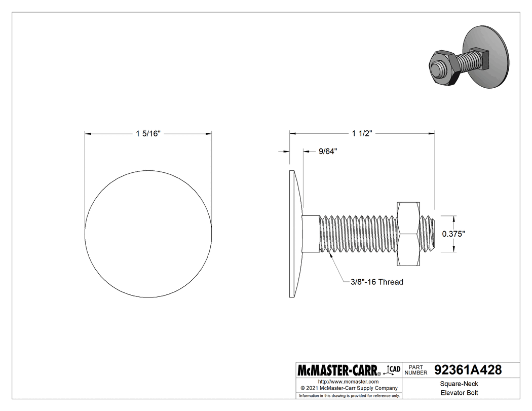 Technical Drawing of Square-Neck Elevator Bolt, 18-8 Stainless Steel, 3/8"-16 Thread Size, 1-1/2" Long.